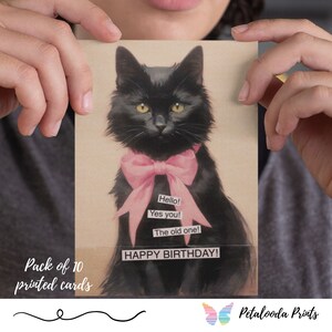 1 Packung mit 10 doppelseitigen Geburtstagspostkarten mit hochwertigen, dickeren cremefarbenen Umschlägen – Humorvolle Geburtstagskarte – Schwarze Katze mit Schleife