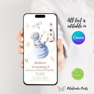 May include: A digital invitation for a 2nd birthday party with a space theme. The invitation features a watercolour illustration of an astronaut sitting on a planet with a rocket ship and stars in the background. The text on the invitation reads "Andrew is turning 2. Join us to celebrate his birthday. May 21 20XX at 5:00 PM at Andrew's Home 123 Happy Street RSVP Laura 123.456.7890".