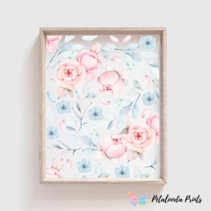 Watercolor Flowers Wall Art - Pink Roses and light blue flowers