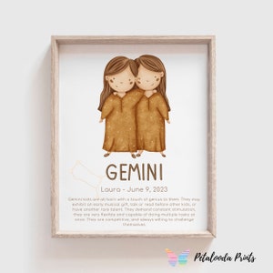 Personalised Nursery Wall Art - Kids Zodiac Print- Star Sign Zodiac Print -Gemini constellation Print - Gemini Girl Print