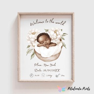 Geburtsdetails, Geburtsplakat, Kinderzimmerbild, Taufe/Taufgeschenk, Baby in einem Korb mit Blumen