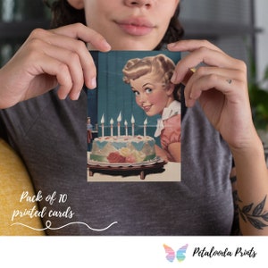 1 pacote de 10 cartões postais de aniversário frente e verso com envelopes brancos esbranquiçados premium mais grossos - menina vintage com bolo de aniversário