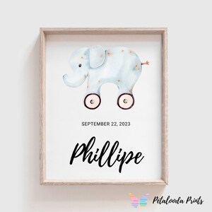 Impresión de detalles de nacimiento, elefante azul claro, arte de pared para guardería, regalo de bautizo