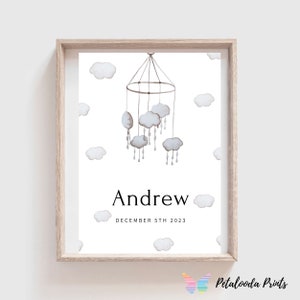 Geburtsdaten Druck, Geburtsplakat, Graue Wolken Mobile, Kinderzimmer Wandkunst, Geschenk zur Taufe