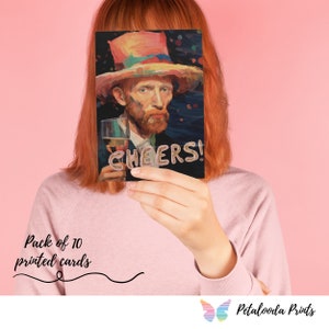 1 pakje van 10 grappige dubbelzijdige ansichtkaarten met premium dikkere gebroken witte enveloppen - portret in Vincent Van Gogh-stijl met de tekst Proost!
