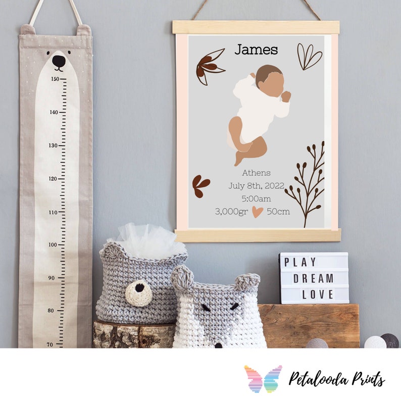 Birth Details Print, Baby Boy Nursery Wall Art, Abstract Print, Natural
