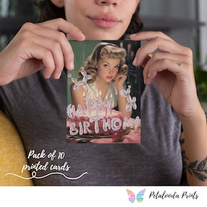 1 pakje van 10 dubbelzijdige verjaardagskaarten met premium dikkere gebroken witte enveloppen - Verjaardagskaart voor haar - Vintage meisje met verjaardagstaart