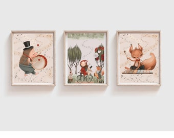 Woodland Music Nursery Art Prints: Baby Room Decor (Set of 3) (Digital Download)