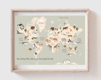 Mapa del mundo de los animales personalizado: arte de pared para guardería