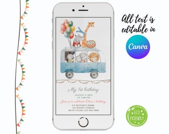 Evite - birthday party - Adventure Animals  - Editable phone invitation 0306