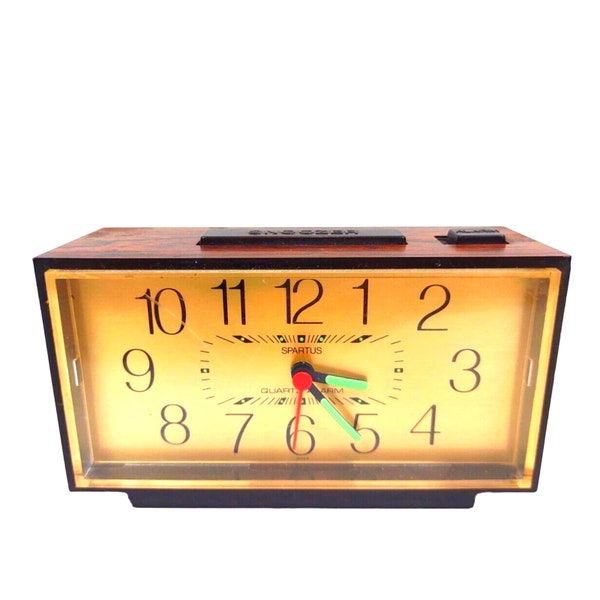 Vintage Spartus Quartz Alarm Clock Glow In Dark Hands Woodgrain Travel For Parts