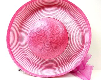 Fancy Church Derby Pink Poly Braid Upturn Brim Hat Netted Bow Women's One Size