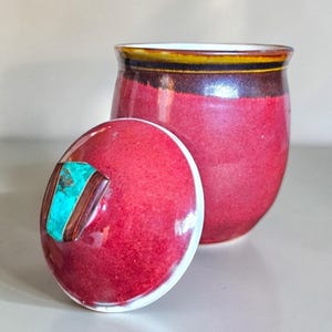 Vintage Signed Studio Pottery Canister with Turquoise Wood Knob