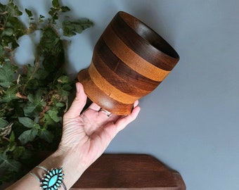 Mixed Wood Segmented Hand Turned Footed Planter Live Edge Deep Bowl Dish Vase