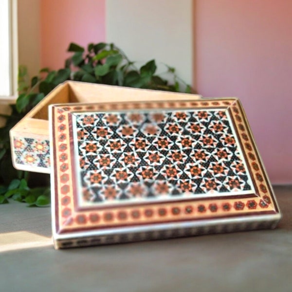 Micro Mosaic Inlay Wood Box Brass Shell Parquet Vintage Mid Century Middle Eastern Trinket Jewelry Storage Box