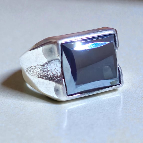 Art Deco Sterling Silver Hematite Signet Ring, Uncas Mfg.