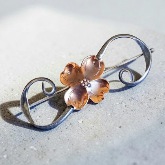 Stuart Nye Dogwood Brooch, Sterling Silver & Copper, Modernist Floral Pin, Signed NYE