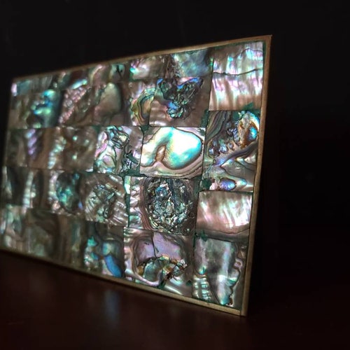 VINTAGE SHELL shops BOX Wood Lined Box Handmade in Mexico Alpaca Silver Brass