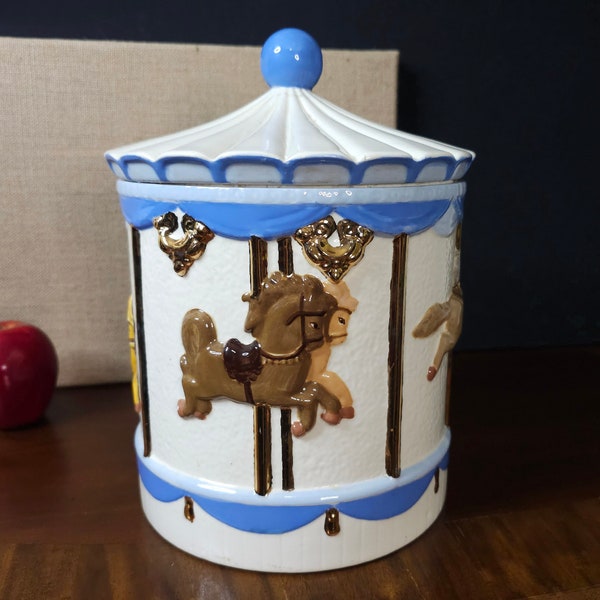 Vintage Carousel Cookie Jar Merry Go Round Porcelain Storage with Lid 11" x 7.5", Gold Blue Brown Yellow Ivory Carnival Circus Tent Horses