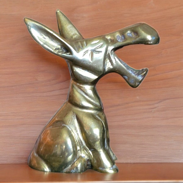 Vintage Solid Brass Laughing Donkey Figurine Bottle Opener Natural Patina Mid Century Anthropomorphic Statues