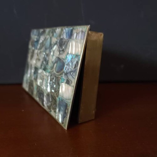 VINTAGE SHELL shops BOX Wood Lined Box Handmade in Mexico Alpaca Silver Brass