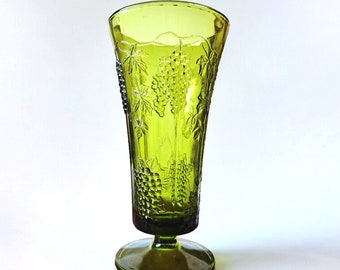LARGE Mid Century Green Vase Grapes Leaves Grapevines Pressed Glass Indiana Glass Co. Harvest Grapes