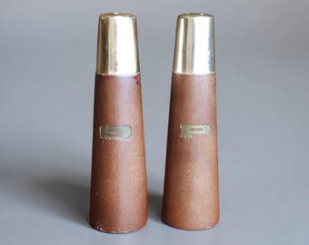 Vintage Mid Century Wood Salt and Pepper Shakers Brass Tops Scandinavian Style