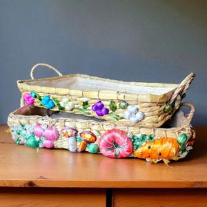 Woven Raffia Casserole Holders Fruit Veggie Trim, Made in the Philippines &quot;As-Is&quot; - 2 Pieces