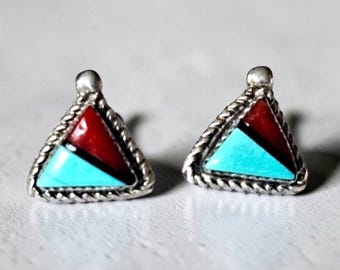 Vintage Zuni turquoise koraal ingelegde driehoek oorbellen sterlingzilver Southwest