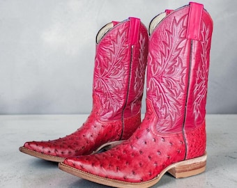 Vintage Red Full Quill Ostrich Western Boots Likely Handmade Fits Women’s 8