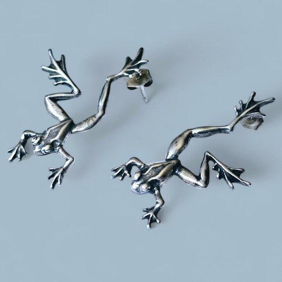 3D Frog Silver Dangle Post Earrings - image 9