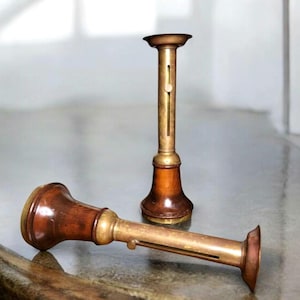 Antique Colonial Hogscraper Candlesticks, Wood and Brass - Two Pieces