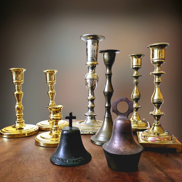 Vintage Brass Candlesticks and Bells, Pick Your Stick or Set in the Drop-Down Boxes.  San Miguel Arcangel, Baldwin, Seiden, more