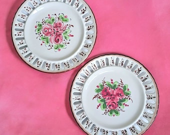 Pair of European Vintage Faience Plates with Reticulated Edges Hand Painted and Signed Perfect for Wall Art Gallery