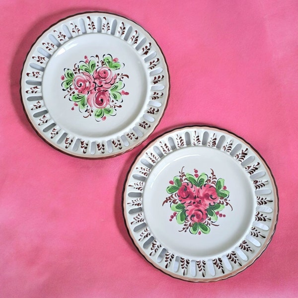 Pair of European Vintage Faience Plates with Reticulated Edges Hand Painted and Signed Perfect for Wall Art Gallery