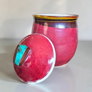 Vintage Signed Studio Pottery Canister with Turquoise Wood Knob