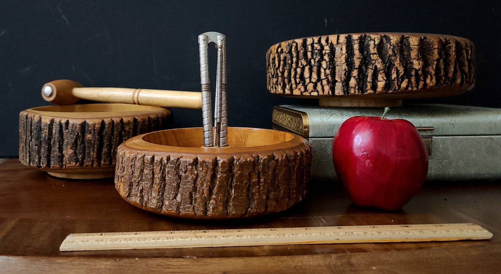 Mid Century Wood Nut Bowl With Tools Raw Wood Bark Hand Carved Etsy