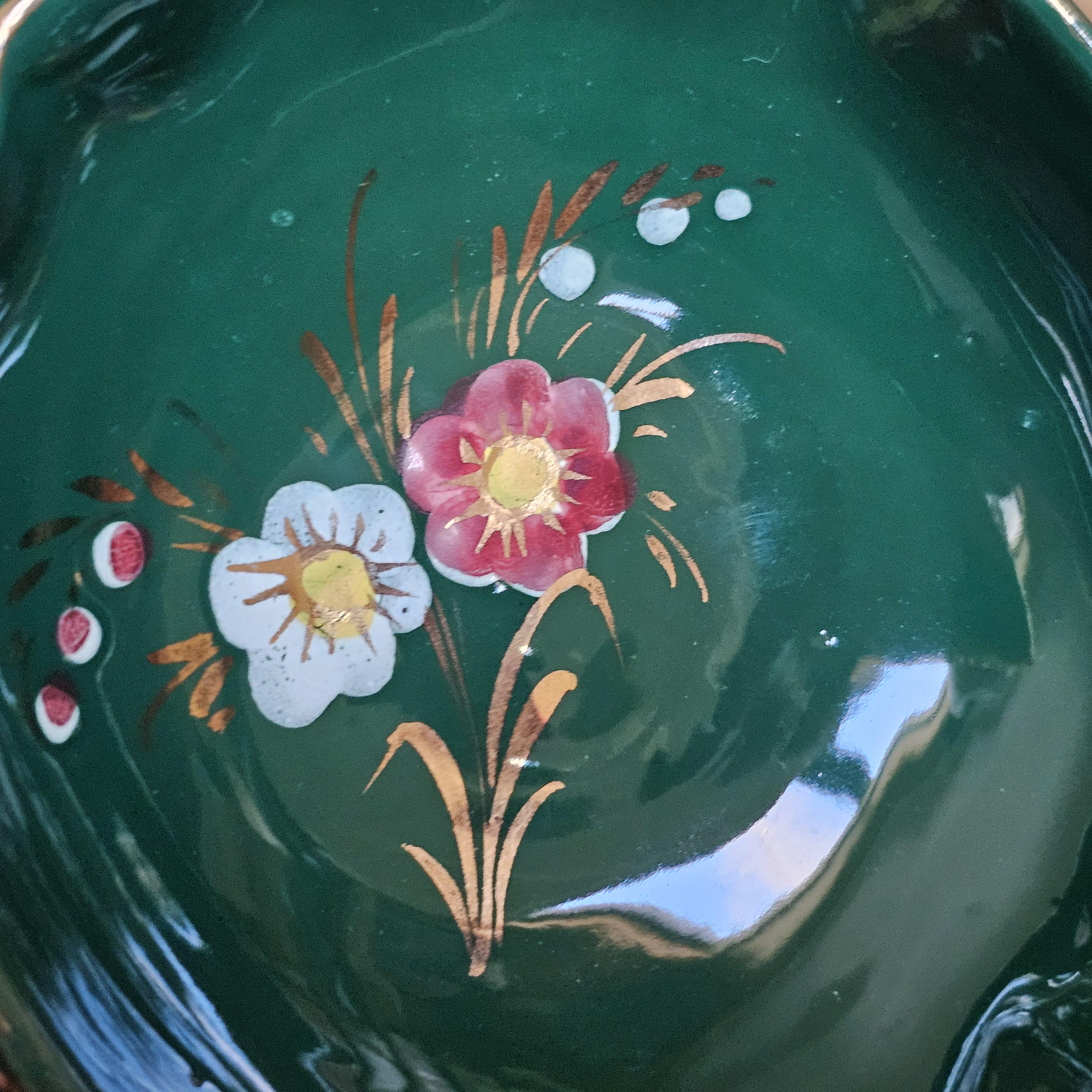 What Is Gilt Rim Vintage Emerald Green Floral Bowl With Handles, Hand-painted Flowers ...