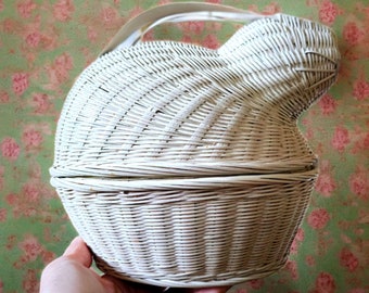 Bunny Shaped White Wicker Basket with Tiny Quilt Lining