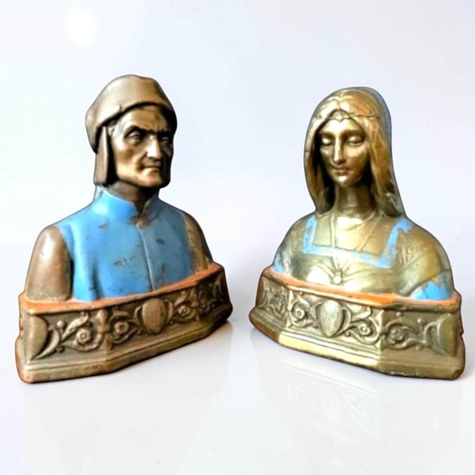 Antique Dante & Beatrice Pompeian Bronze Bookends C1910S Art Deco Literary Busts
