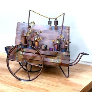 PODPISANA Rzeźba Curtis Jere Flower Garden Cart Miedź Mosiądz, Vintage C. Jeré Mid Century Sculptures