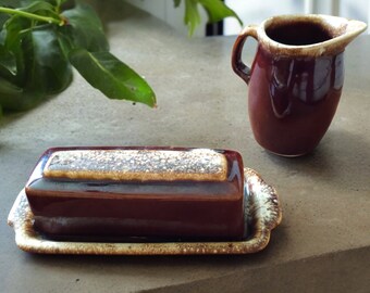 2 Items of Hull Brown Drip Pottery - Vintage Butter Dish with Lid, and Matching Pitcher