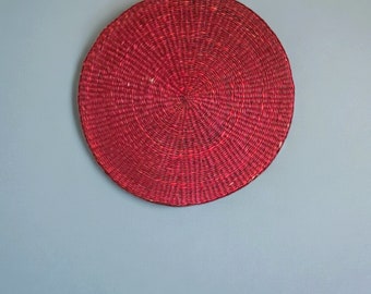 16" Diameter Red Woven Wicker Basket Tray Trivet, Eclectic Bohemian Art Gallery Wall Decor