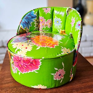 Fantastic Mid Century Child's Booster Seat Green Vinyl Tufted Back Flowers Leaves Orange Blue Rust Pink Ruby