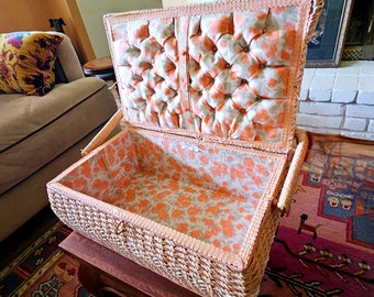 Mid Century Sewing Basket Large 16" Rectangle Woven Wicker Peach Blush Apricot White Stripes Orange Boho Flower Tufted Lining, Dritz Japan