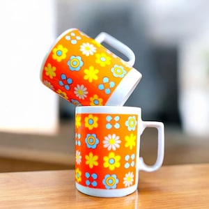 Orange Block Print Coffee Mugs, Made in Japan - Set of Two