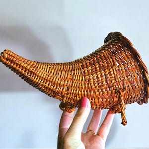 9.5&quot; Wicker Rattan Cornucopia Basket Woven Ball Feet and Hanging Loop