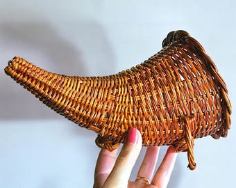 9.5&quot; Wicker Rattan Cornucopia Basket Woven Ball Feet and Hanging Loop