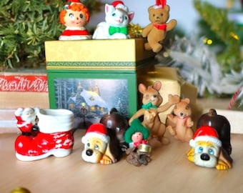 Instant Vintage Christmas Collection! Box Stuffed with Fun Christmas Decorations, 50s Blow Molds, Santa Pups, Raggedy Ann Bell, Flocked toys