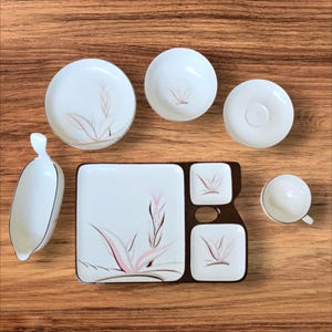 May include: A white ceramic dish set with a floral design in pink and brown. The set includes plates, saucers, a cup, and a serving dish. The dishes are arranged on a wooden surface.